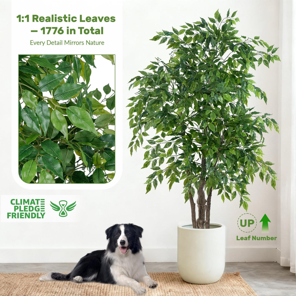 Ficus Tree Artificial with Triple Trunks, 5.5ft Fake Ficus Tree in Black Pot, Tall Artificial Tree Potted Plant for