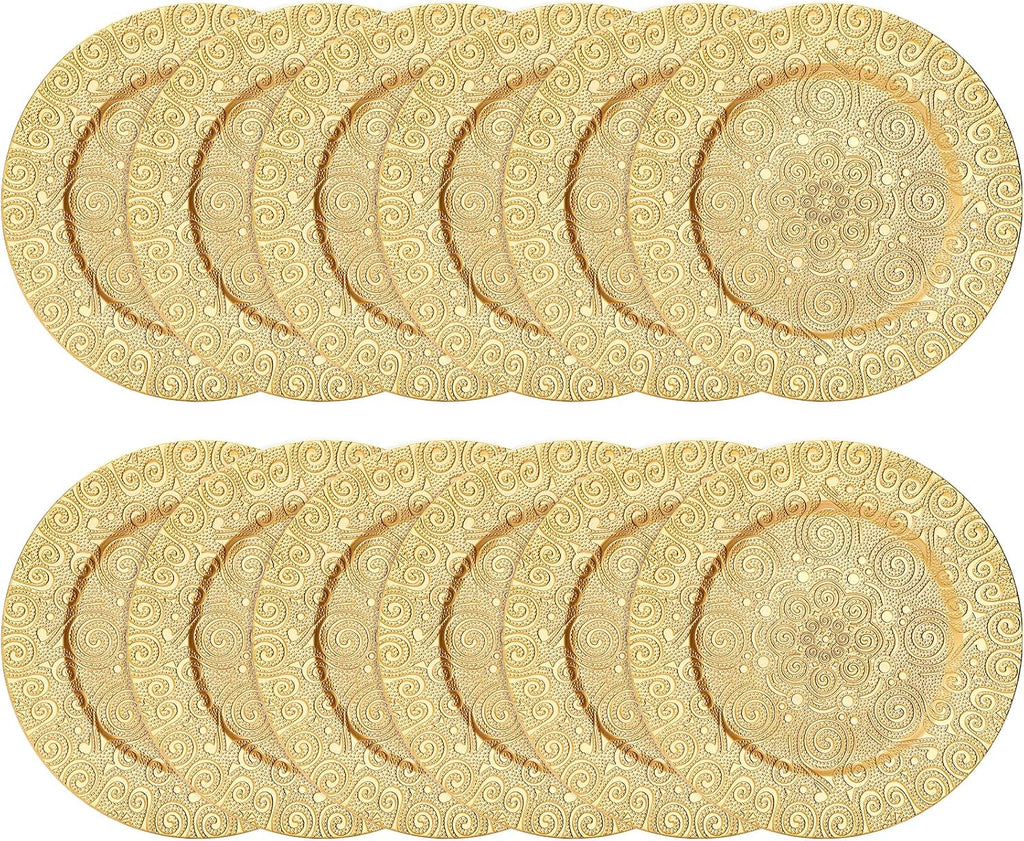 Gold Charger Plates, 13 Inch Plastic Dinner Plate, Reusable Round Phoenix Pattern Elegant Serve Ware Plates - Set of 12