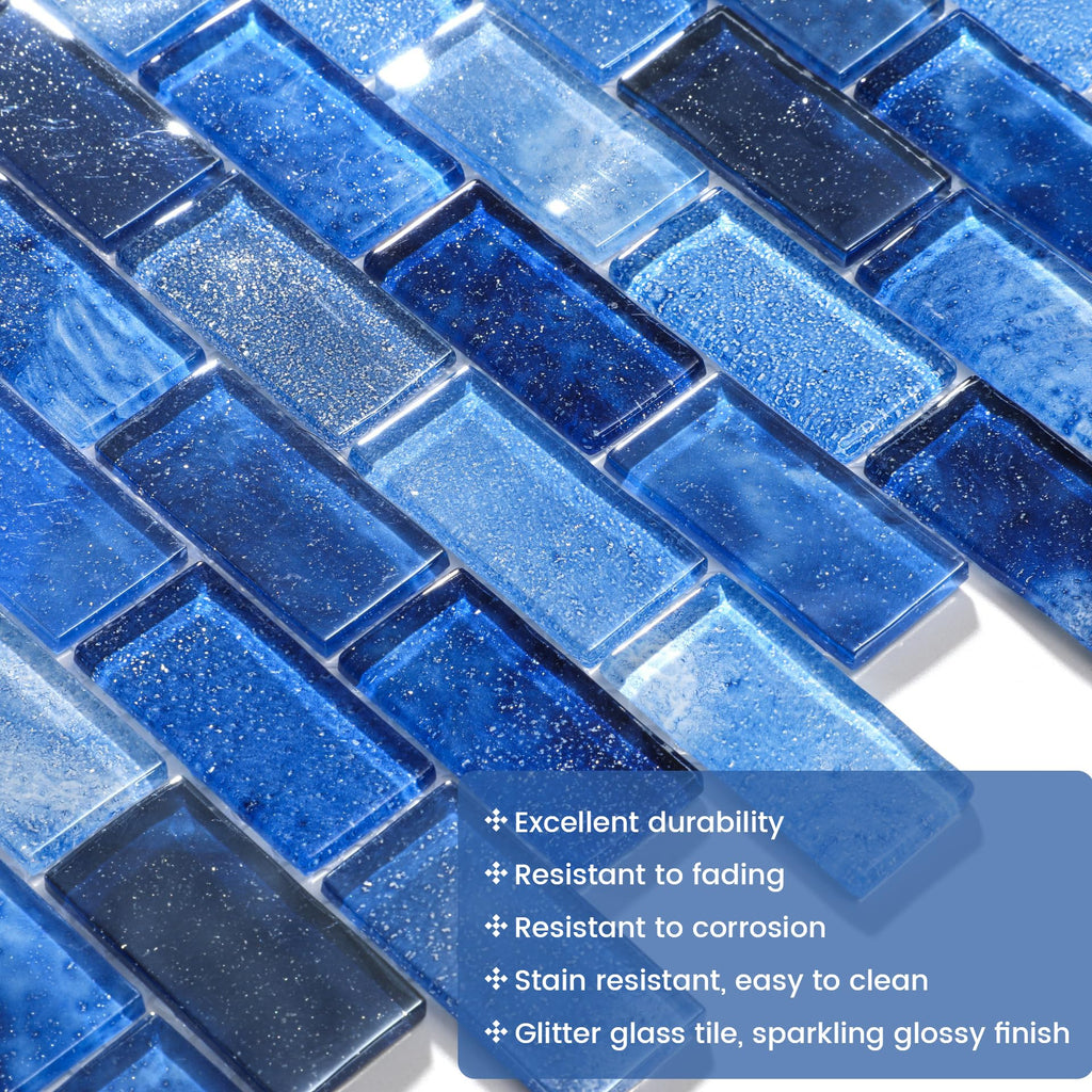 Glass Backsplash Linear Mosaic Wall Tiles, 5-Sheet Glass Tiles Bathroom Swimming Pool Shower Tiles (Dark Blue, 4.8