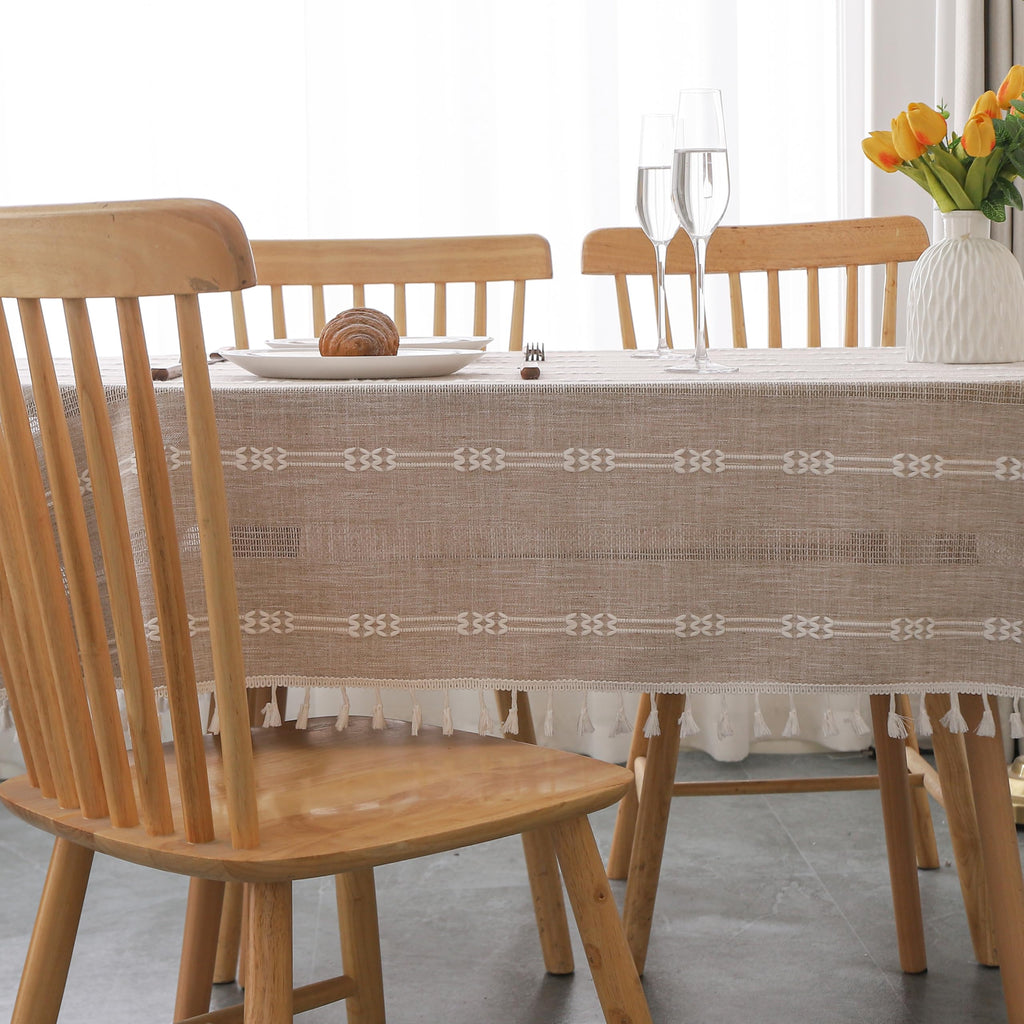 Rustic Stripe Embroidered Oval Tablecloth Heavy Tassel Cotton Linen Table Cloth Wrinkle Free Washable Table Cover
