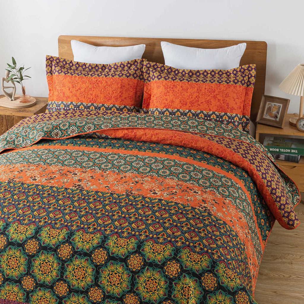 Boho Stripe Quilt Sets Floral Printed Reversible Soft Bohemian Bedding Set with Shams for All Season, Orange Red