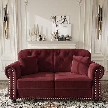 63" Velvet Chesterfield Sofa Couch with Rolled Arms & Nailhead Trim, 2-Seater Modern Upholstered Button Tufted