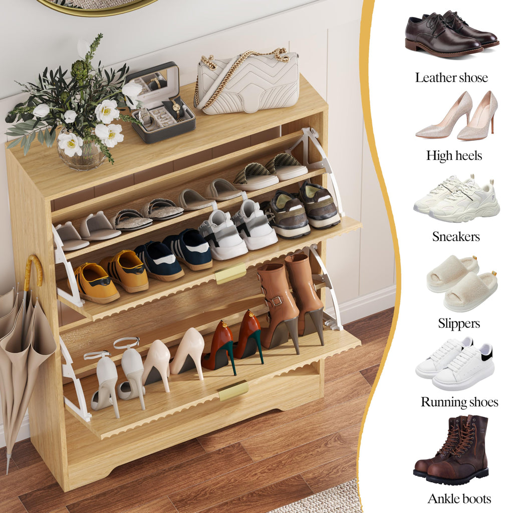 Shoe Cabinet Storage with 2 Flip Drawers, Fluted Shoe Cabinet with Open Storage, Wooden Hidden Shoe Rack Freestanding