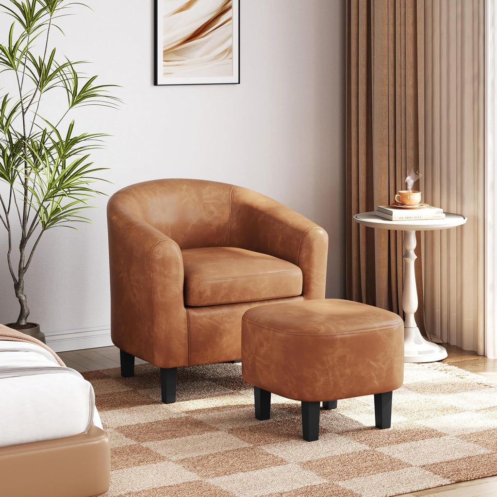 Accent Chairs with Ottoman, Faux Leather Barrel Chairs, Brown