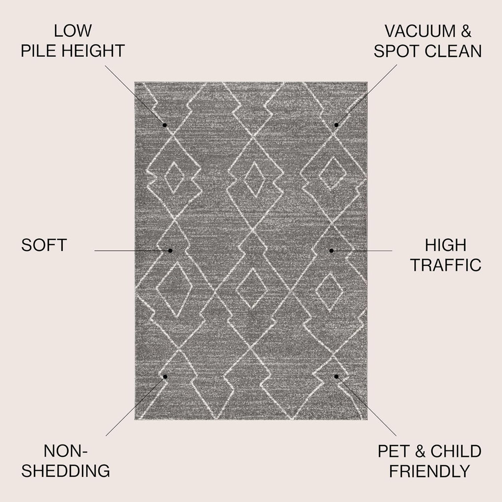 Alia Moroccan Beni Souk Gray/Cream Indoor Area Rug, Bohemian, Scandinavian, Easy-Cleaning, Pet Friendly