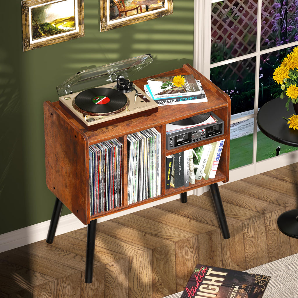 Record Player Table, Mid-Century Record Player Stand Hold Up to 150+ Albums