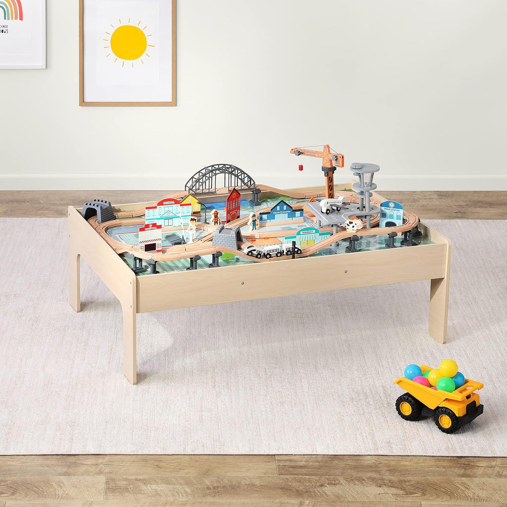 120 Piece Wooden Train Set with Activity Table, Sturdy Tracks, Storage Bin, Easy to Assemble, Kids Gift for Age 3Y+