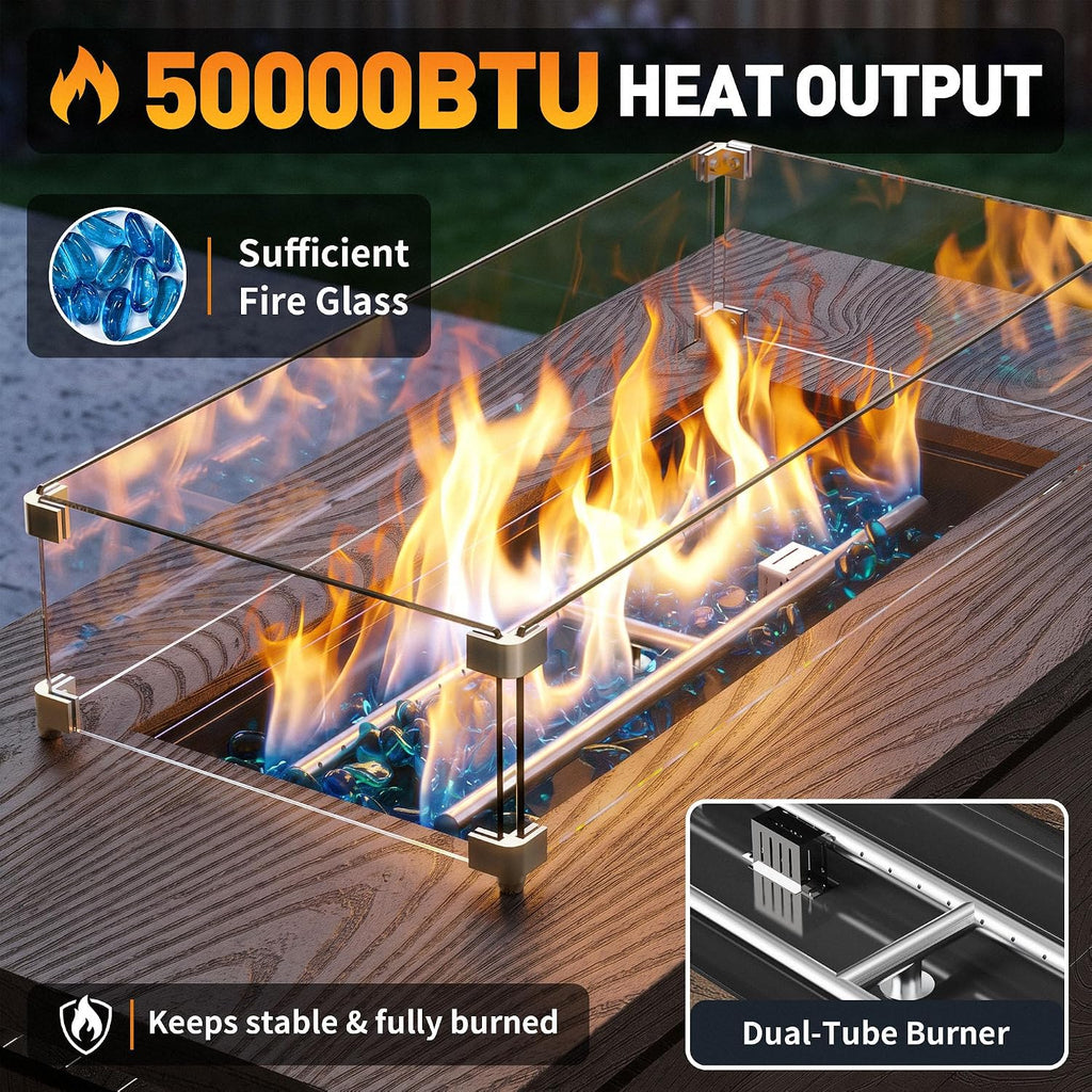 51" Outdoor Propane Fire Pit Table Rectangle Gas Firepit for Outside Patio | 50,000 BTU Fireplace Fire Table w Wind