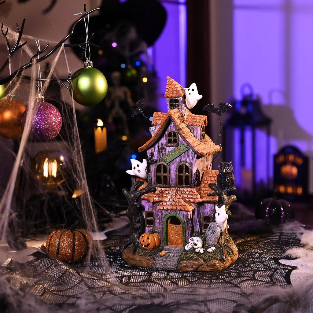Halloween Decorations, Lighted Halloween Village Houses with LED Lights, Resin Spooky Town Happy Haunted House