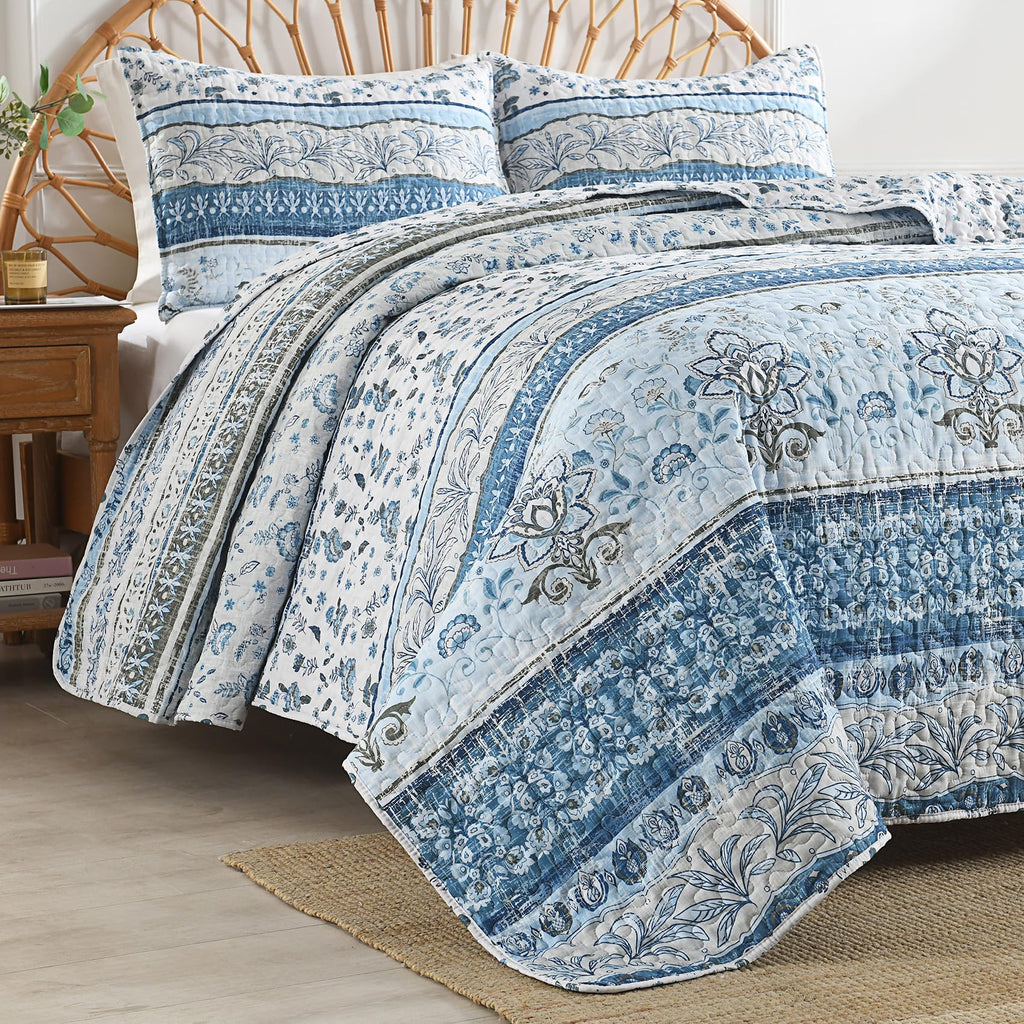 Boho Quilt Blue Bohemian Floral Quilt Bedding Set, Soft Lightweight Comforter Set for All Season