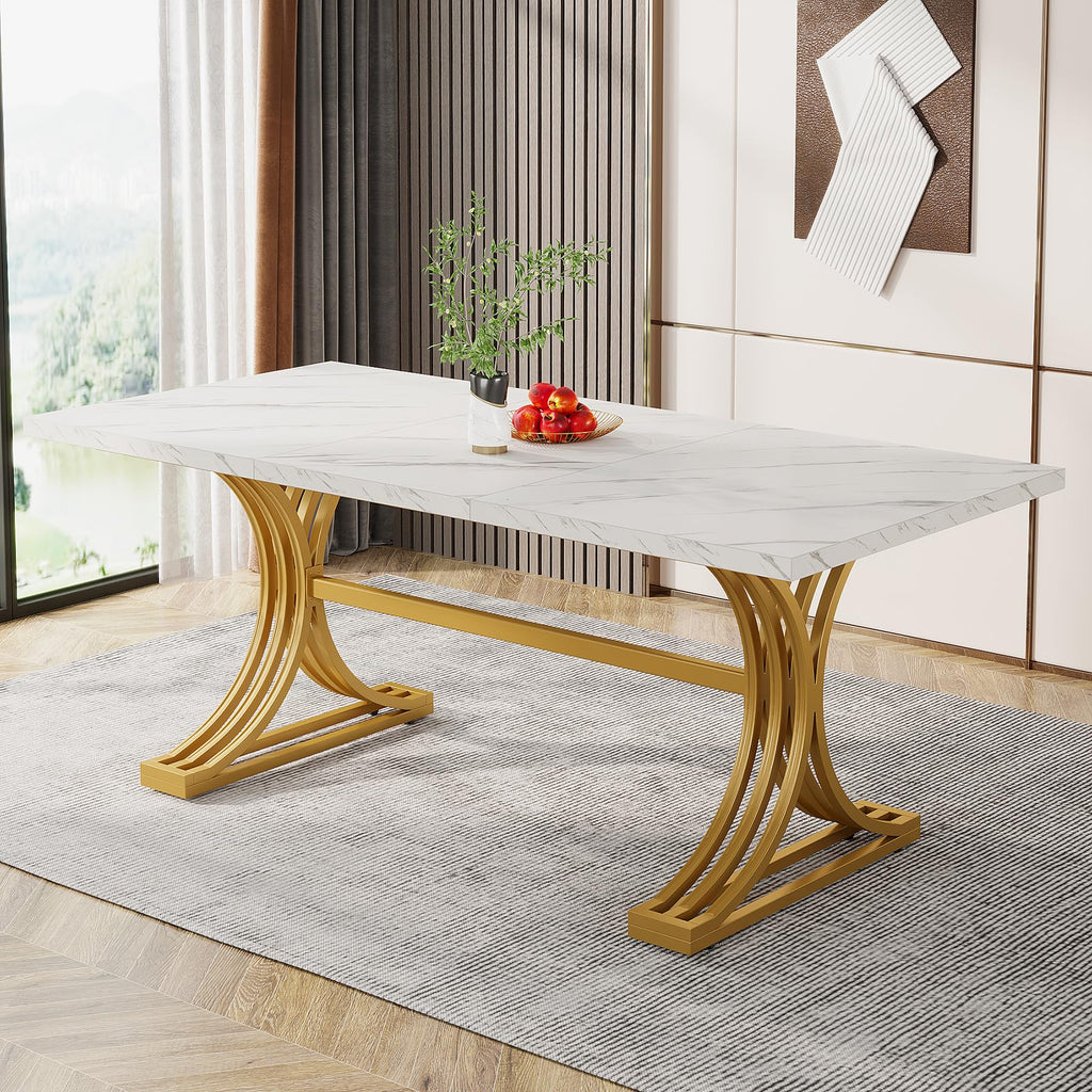 63-Inch Rectangular Dining Table for 4 to 6, Modern Kitchen Tables with Stylish Metal Trestle Legs, Large Dinner