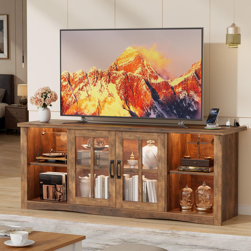 Farmhouse TV Stand with Glass Doors for 65 Inch TV(Rustic Brown)
