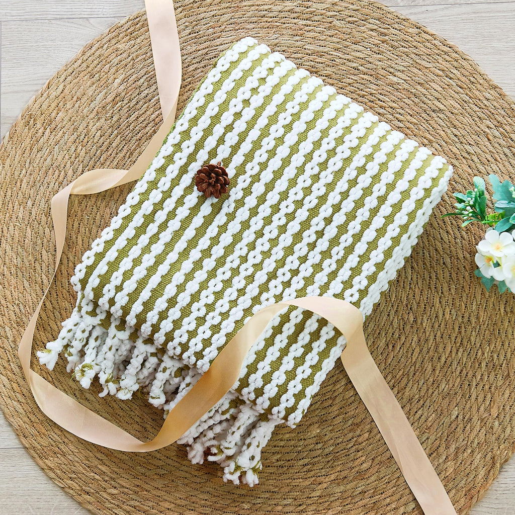 Striped Knit Throw Blanket with Braided Tassels 50" x 60", Hand Knitted Soft Chunky Chain Design Boho Farmhouse