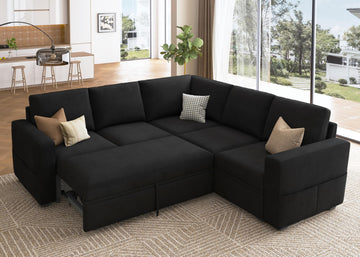 Modular Sectional Sleeper Sofa with Pull-Out Bed, Velvet L-Shaped Sofa with Storage Seat, Sectional Sofas for the