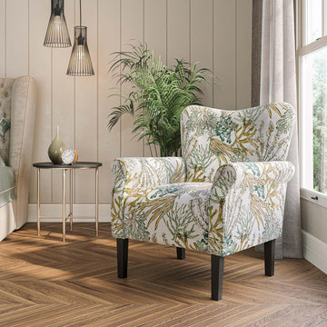 Modern Accent Chair, High Back Linen Armchair with Wooden Legs, Upholstered Wingback Side Chair Padded Armrest