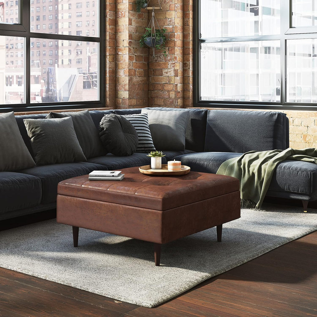 Sienna 33" Wide Linen Look Fabric Storage Ottoman in Dove Grey | Distressed saddle brown, mid-century modern ottoman