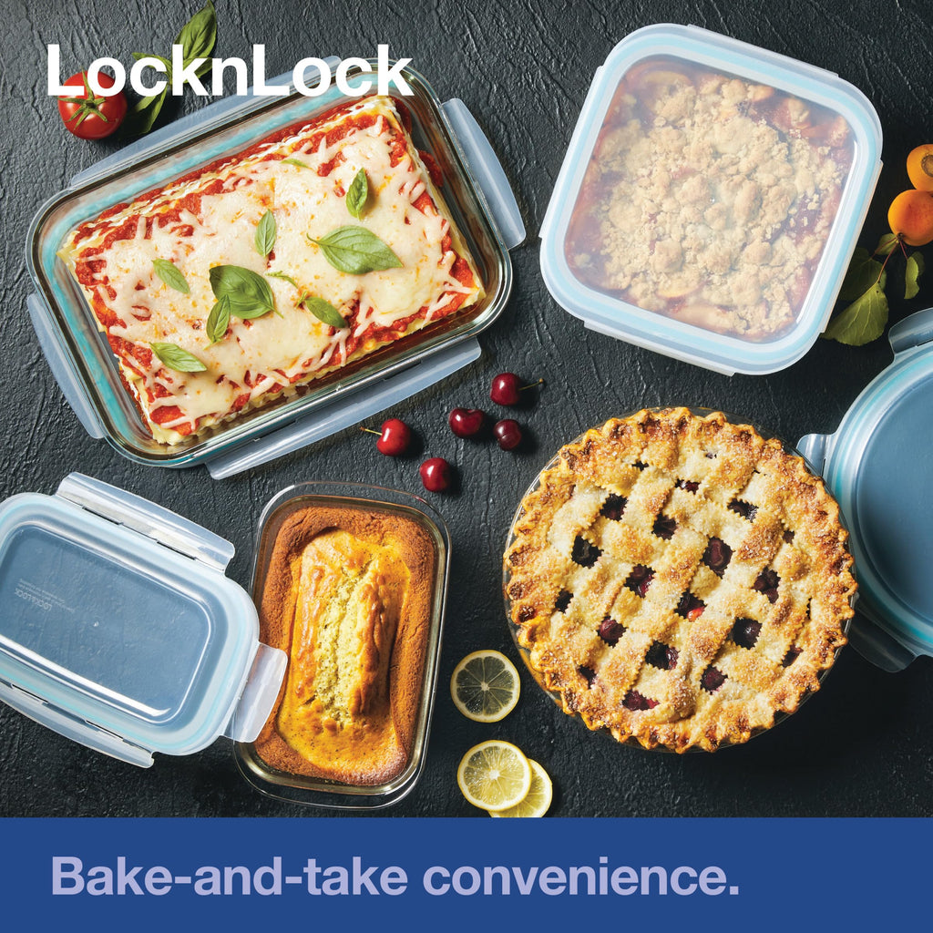 & LOCK Purely Better Glass Round Pie Baking Dish/Food Storage Container with Lid, 9.5 Inch, Clear