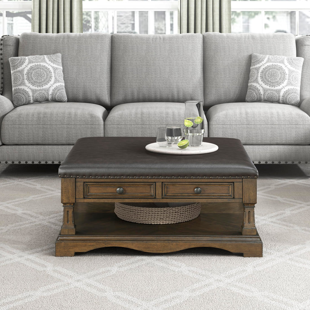 39" Square Storage Ottoman Coffee Table, Faux Leather, Brown