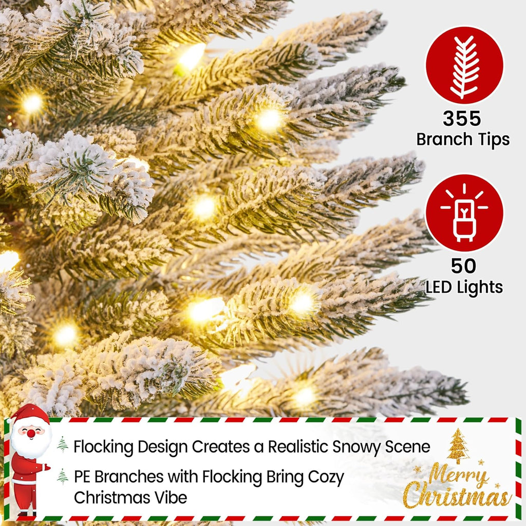 2Pcs Pre-lit Potted Flocked Christmas Tree for Holiday Decoration
