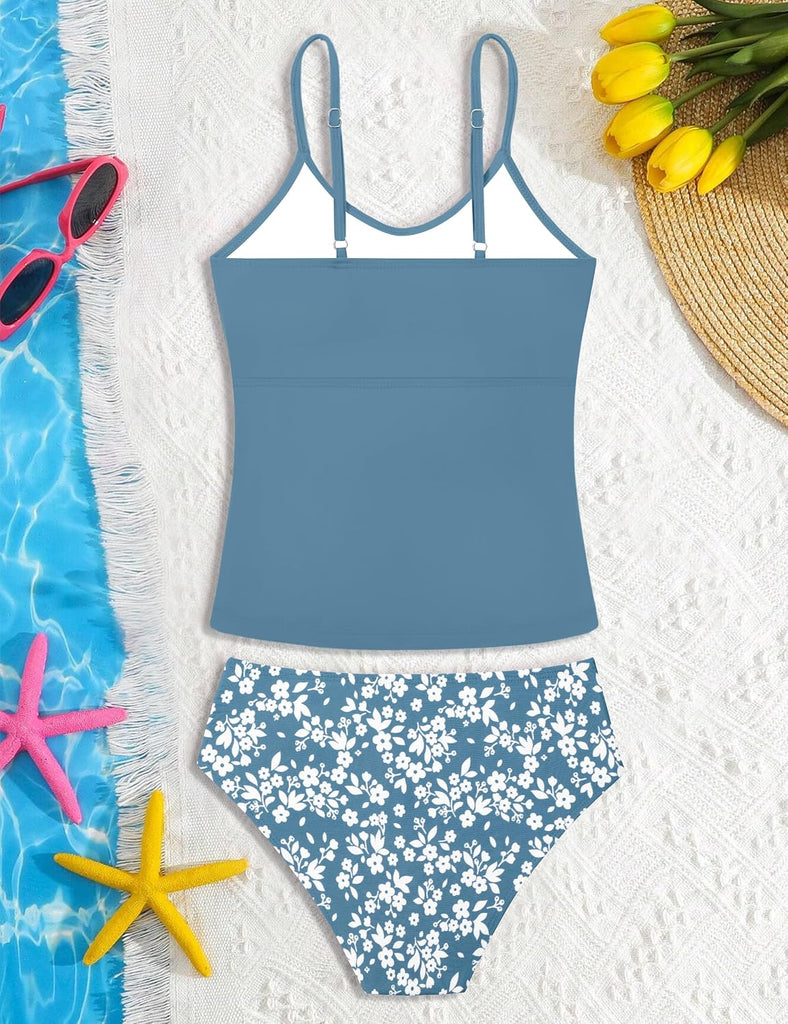 Girls Swimsuit 2 Piece Bathing Suit Criss Cross Ruched Girl Tankini Sets Printed Girls' Swimwear