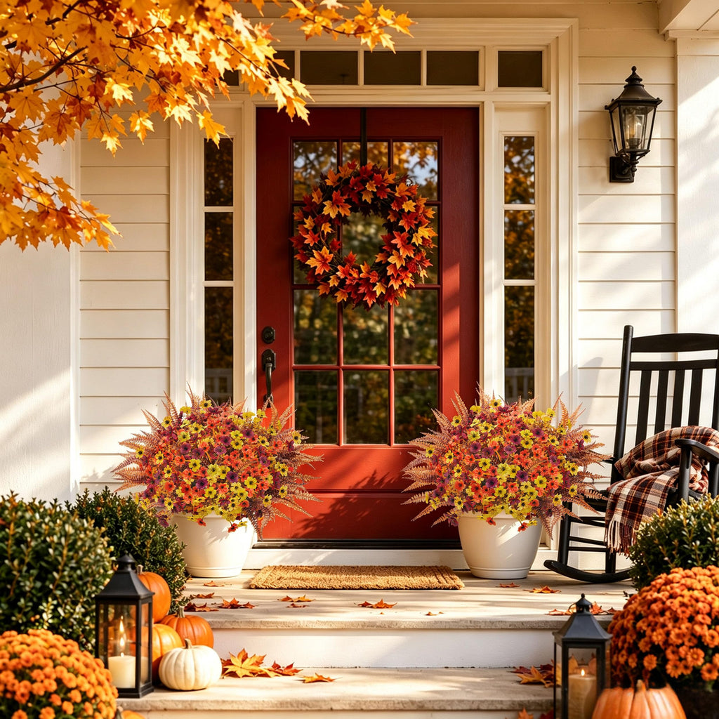 24 PCS Artificial Fall Flowers for Outdoors, Flower Stems & Ferns