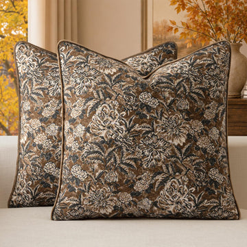 Brown Vintage Floral Tapestry Pillow Cover 20x20 Inch, Jacquard Woven Decorative Throw Pillow Cover, Botanical