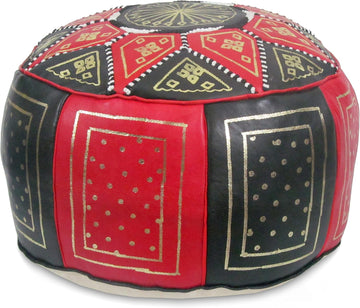 Stuffed Moroccan Golden Fez Leather Pouf Ottoman, 16" Diameter and 12" Height (Red/Black)