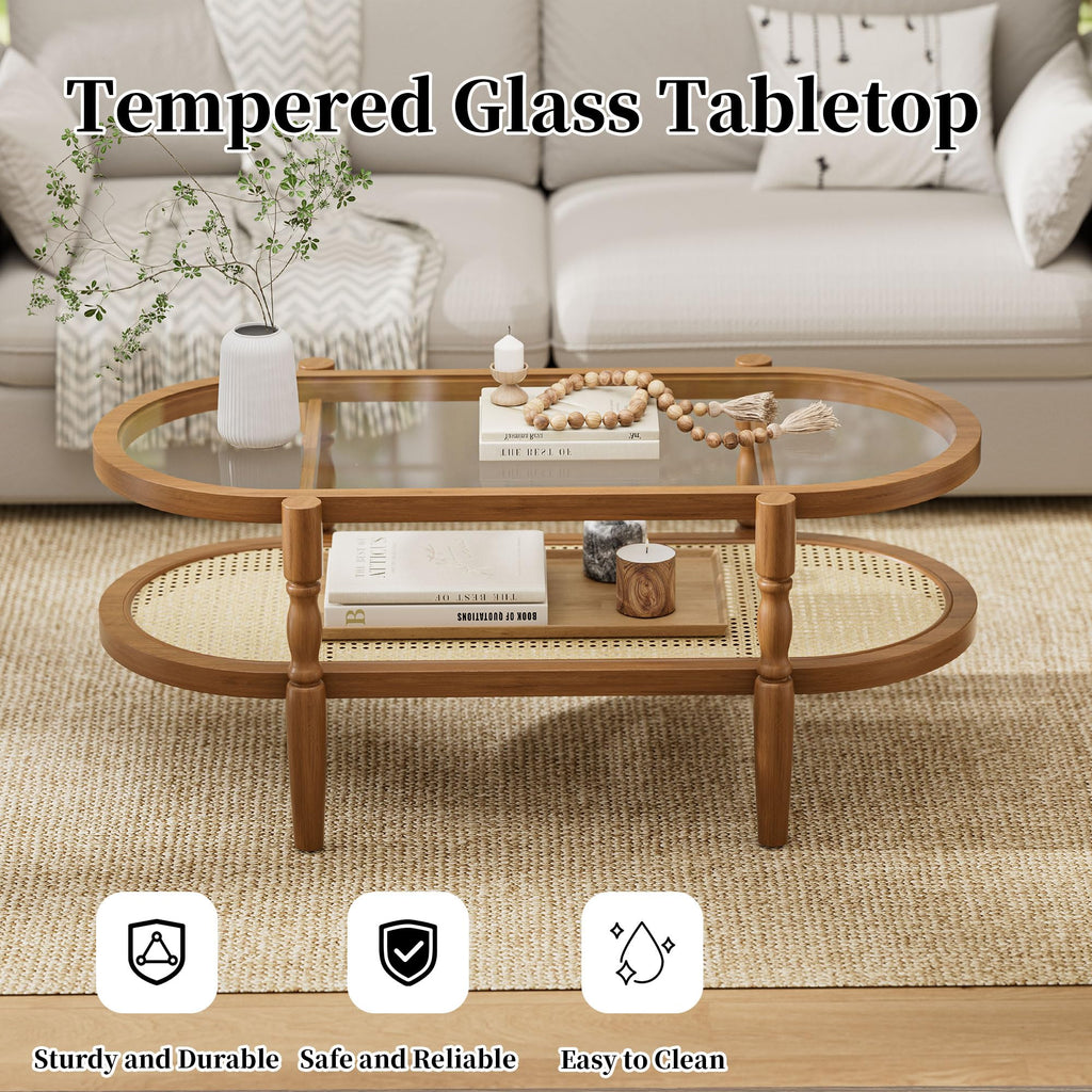 Rattan Coffee Table, Oval Wood Glass Table, Brown, 40 inch