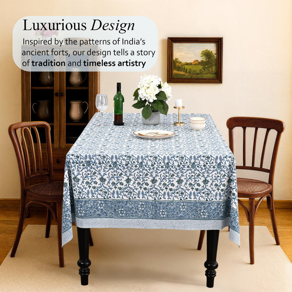 CPC Ocean Vine Tablecloth 100% Cotton 60x60 Inch Indian Block Print Rectangle Table Cover, Table Cloth for Gifting in