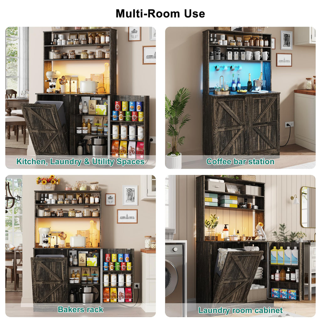63" H Pantry Cabinets with 10 Gallon Trash Can, Led Light, Outlet, 35" W Kitchen Hutch with Tilt Out Trash Can