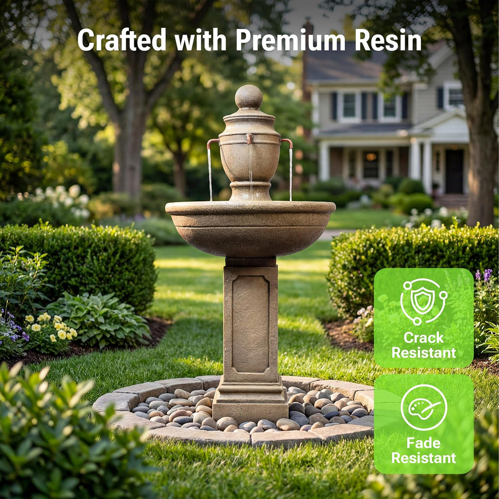 35" Outdoor Water Fountain, 2-Tier Resin Brown Garden Fountain | Modern Italian Floor Standing, with Warm Light, Home