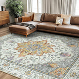 Area Rugs Washable Non-Slip, Floral Vintage Distress Print Pattern Medallion Carpet for Living Room Bedroom