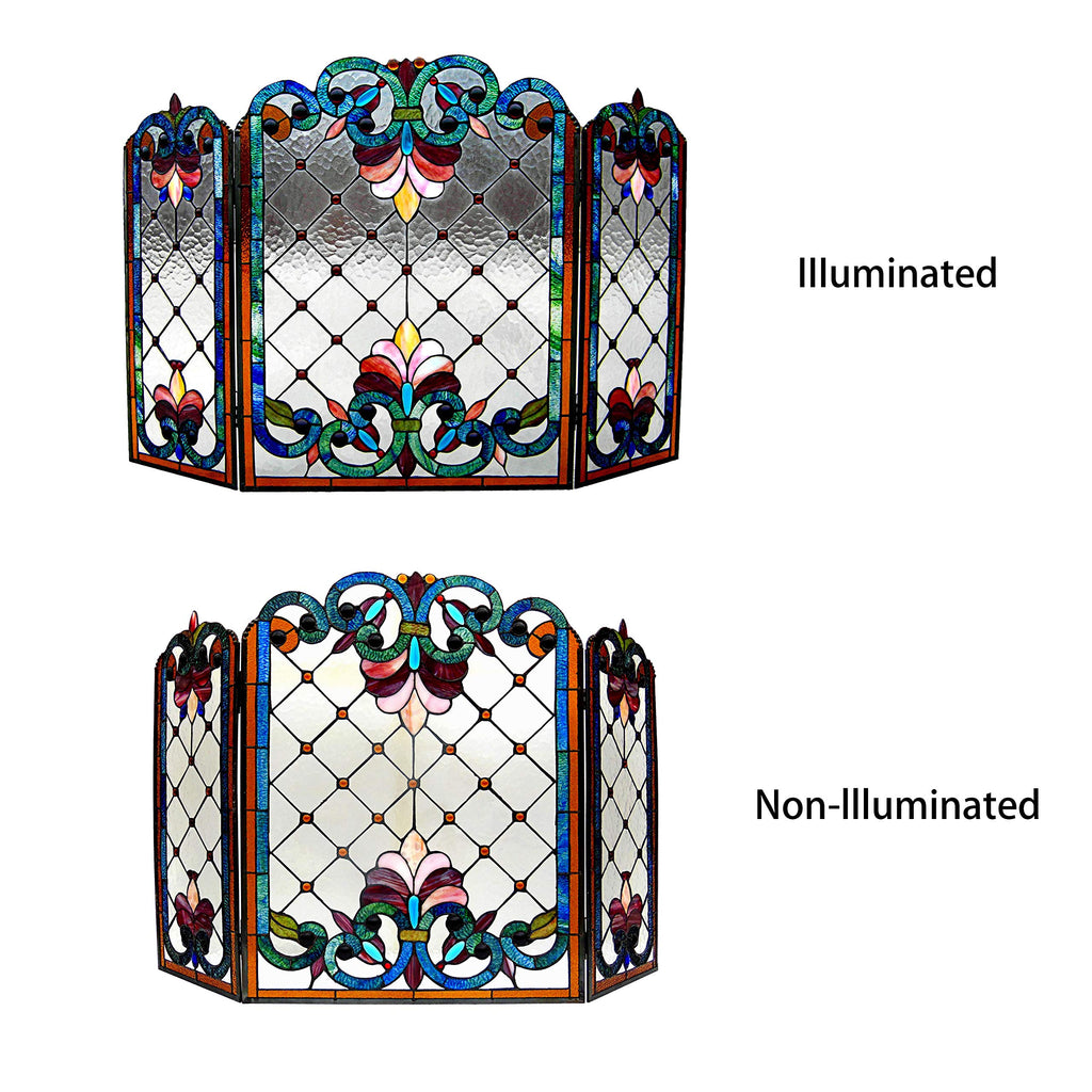 Tiffany-Glass 3pcs Folding Victorian Fireplace Screen 44" Wide