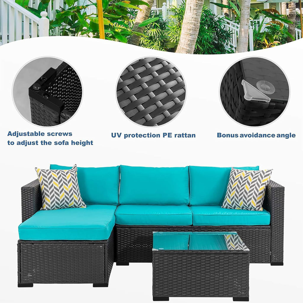 3 Pcs Patio Furniture Set,Outdoor Sectional Black Wicker Patio Conversation Set,All-Weather Rattan Patio Couch with