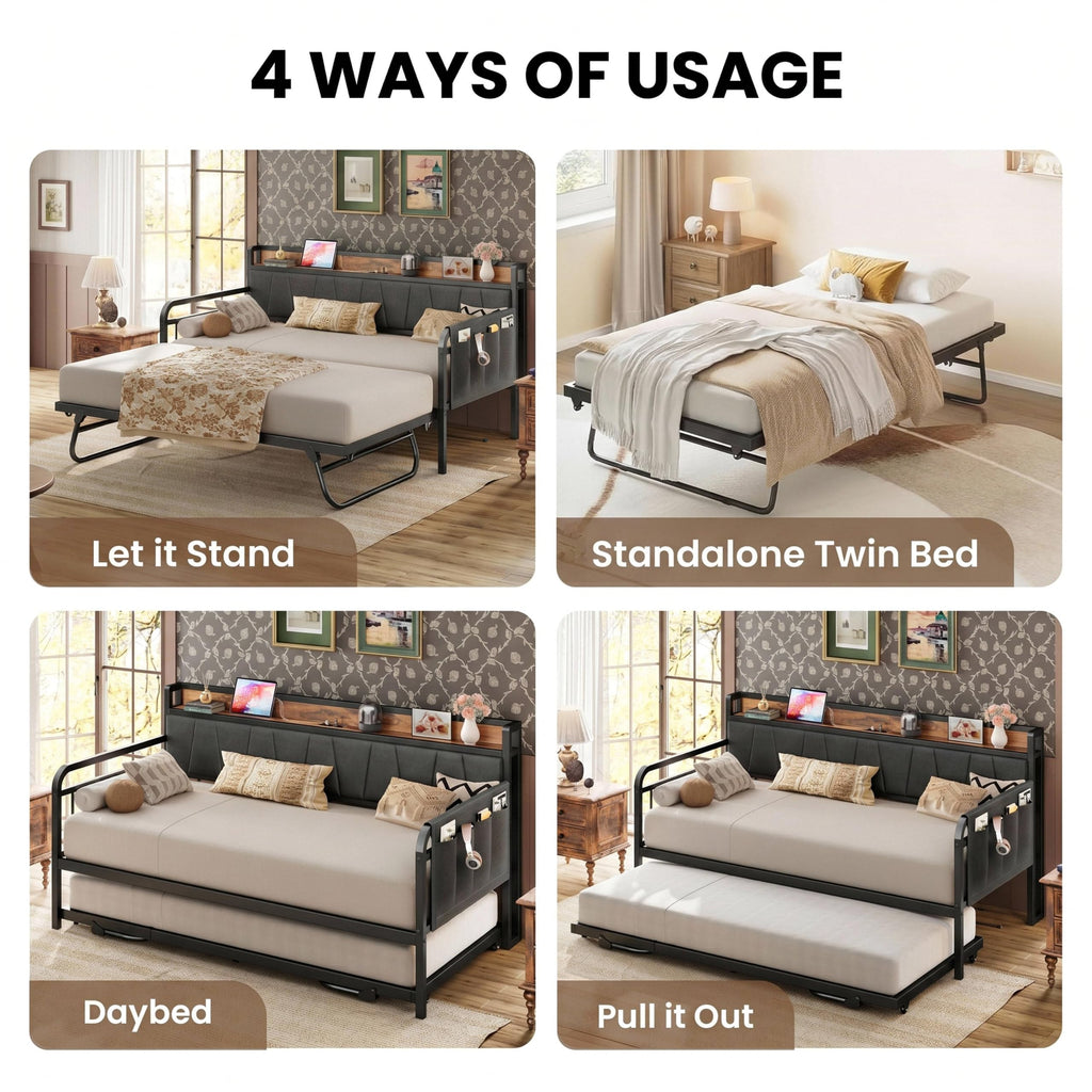 Twin Daybed with Trundle, Twin Bed Frames, Grey/Brown