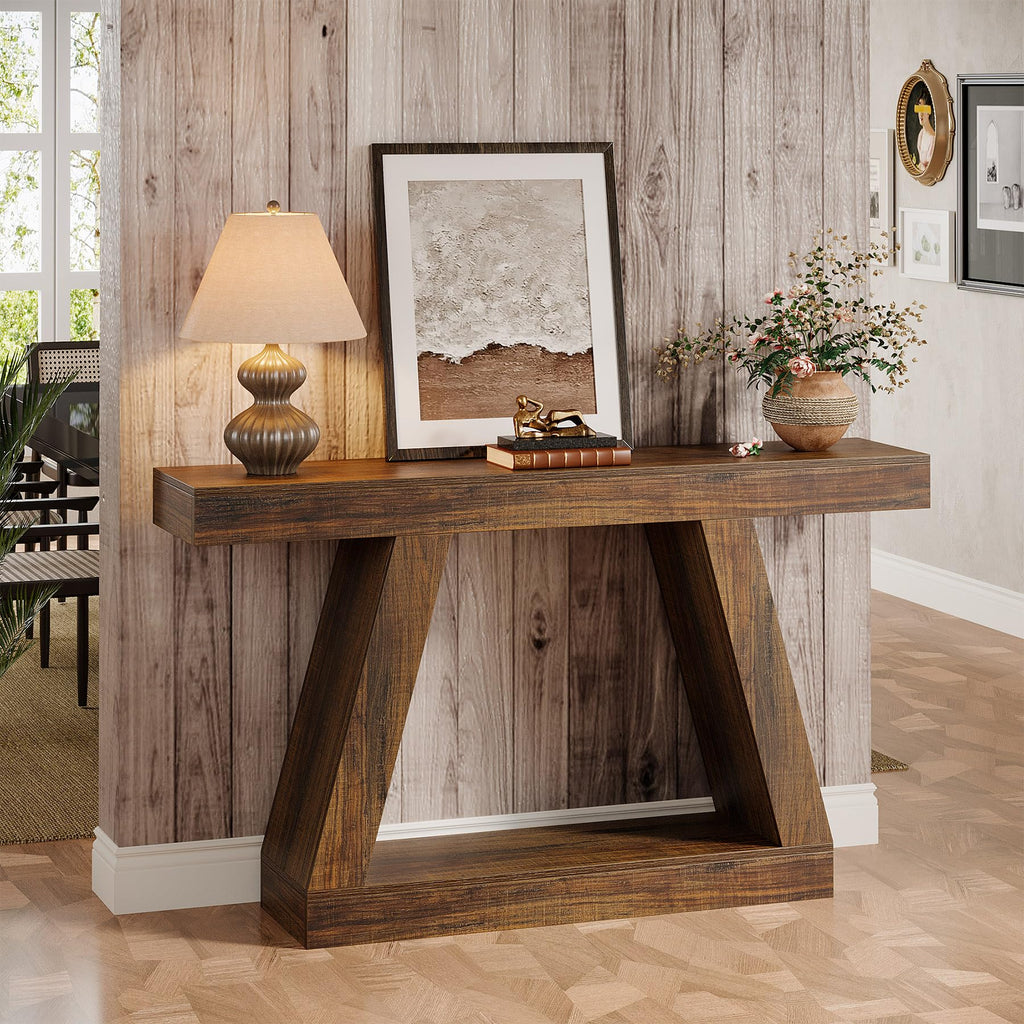 Farmhouse Console Table, 55-Inch Rustic Sofa Table with Storage, Industrial Wooden Entryway Table, Dark Brown