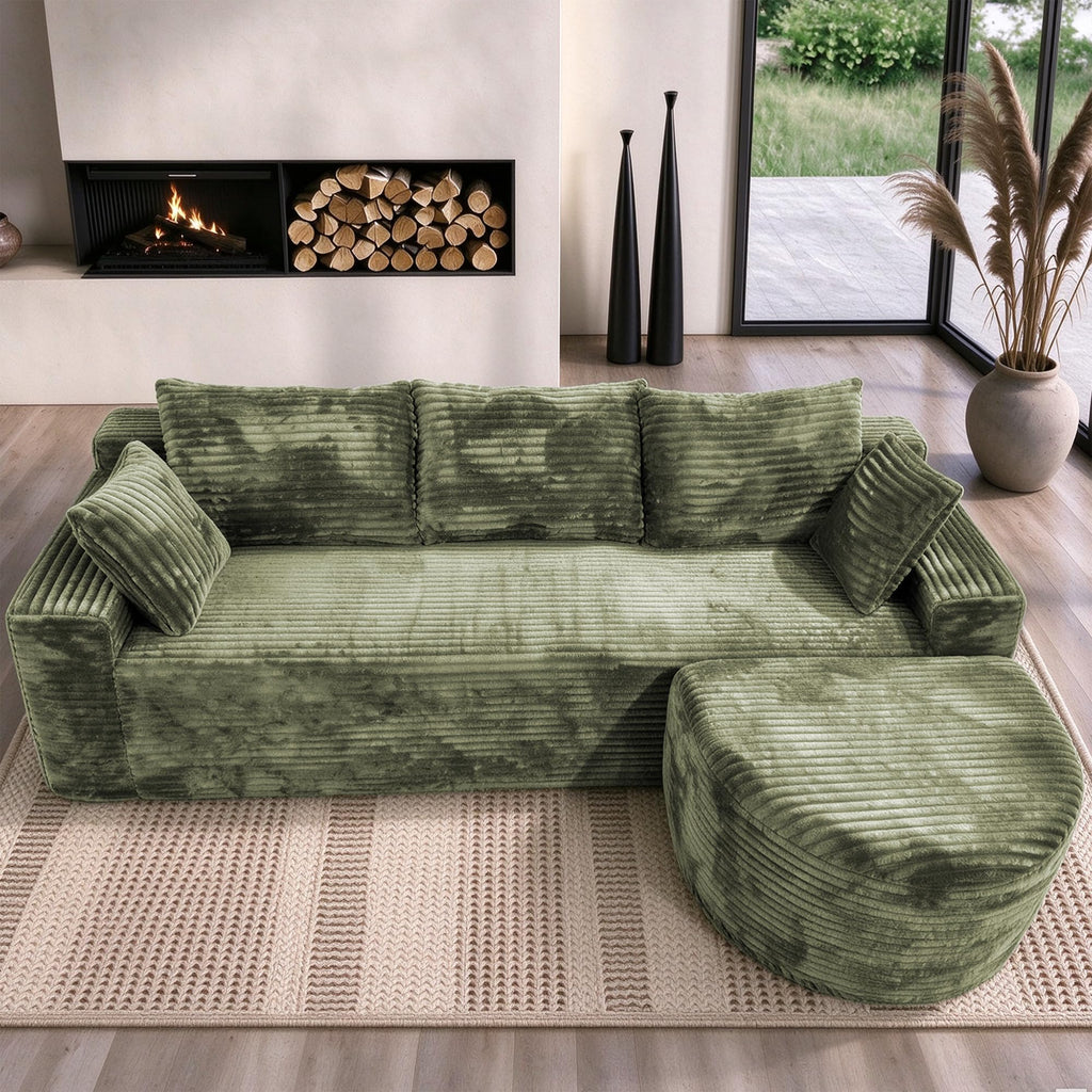 94" L-Shaped Boneless Sectional with Curved Ottoman, Green