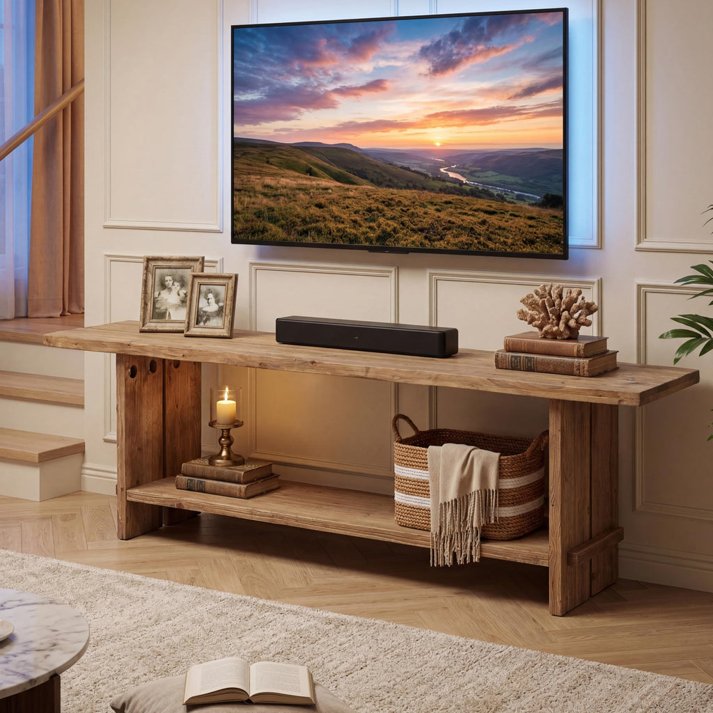 71" Solid Wood TV Stand for 55/65/75/85-Inch TV, 2-Tier TV Table