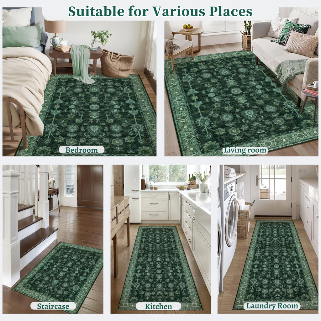 Washable 2.6x8 Runner Hallway Rug Non Slip, Dark Green Runner Rug
