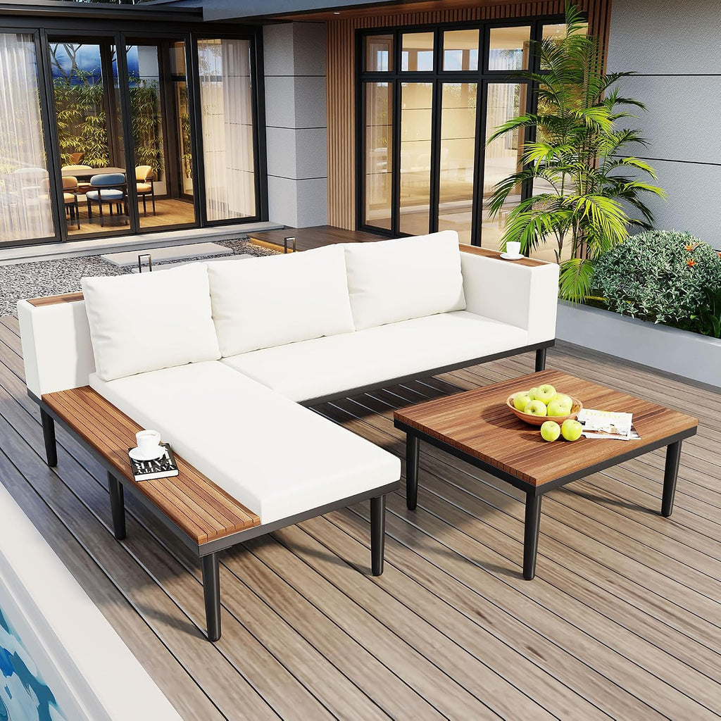 3 Pieces Acacia Wood Sectional Patio Sofa with Coffee Table, Outdoor L-Shaped Sectional Sofa with Side Table