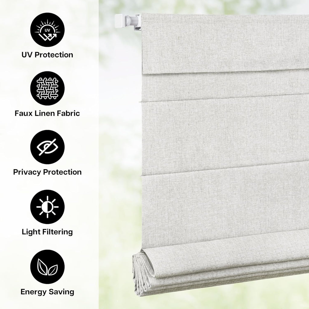 No Drill Roman Shades, Blackout, 34" W x 64" H, Natural | Cordless Blackout Window Shades with UV Protection