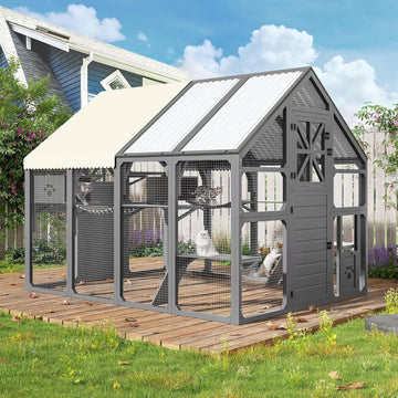 94.5" Walk-in Catio Outdoor Cat Enclosure for Multiple Cats, Wooden Cat Run Cage with Insulated Resting Boxes, PVC