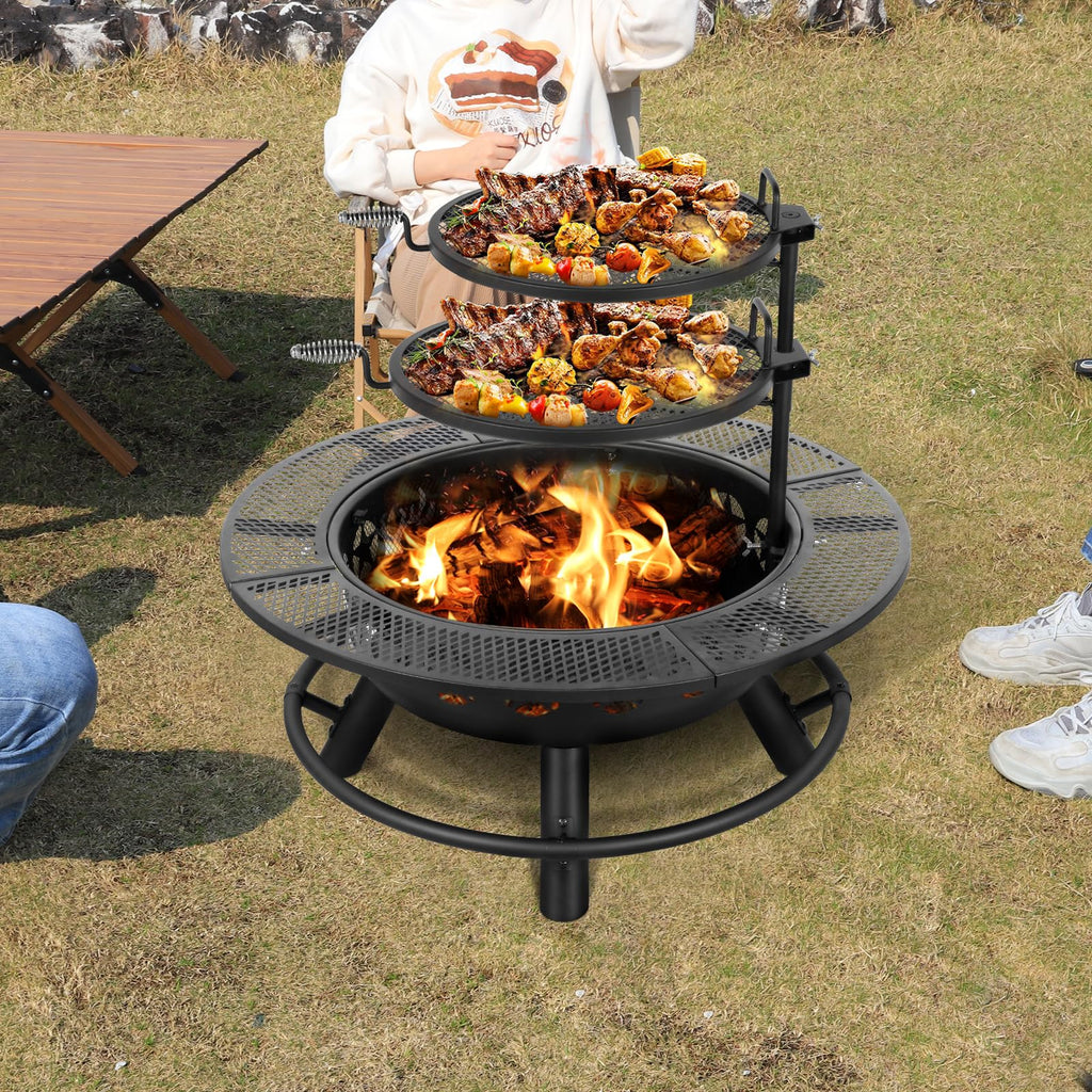 35 Inch Fire Pit with Cooking Grate and Charcoal Pan, Outdoor Wood Burning BBQ Grill Firepit Bowl with Cover Lid and