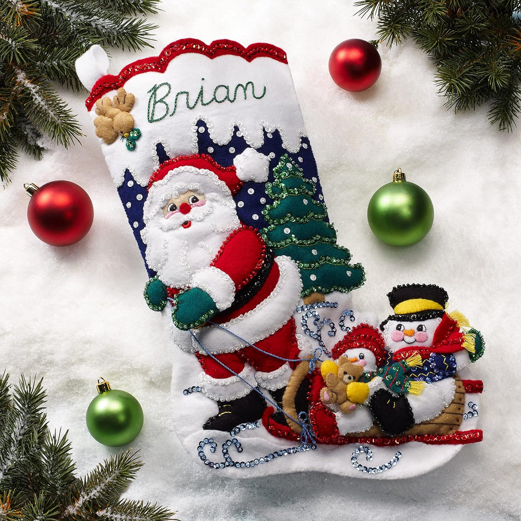 Felt Applique 18" Stocking Making Kit, Sledding with Santa
