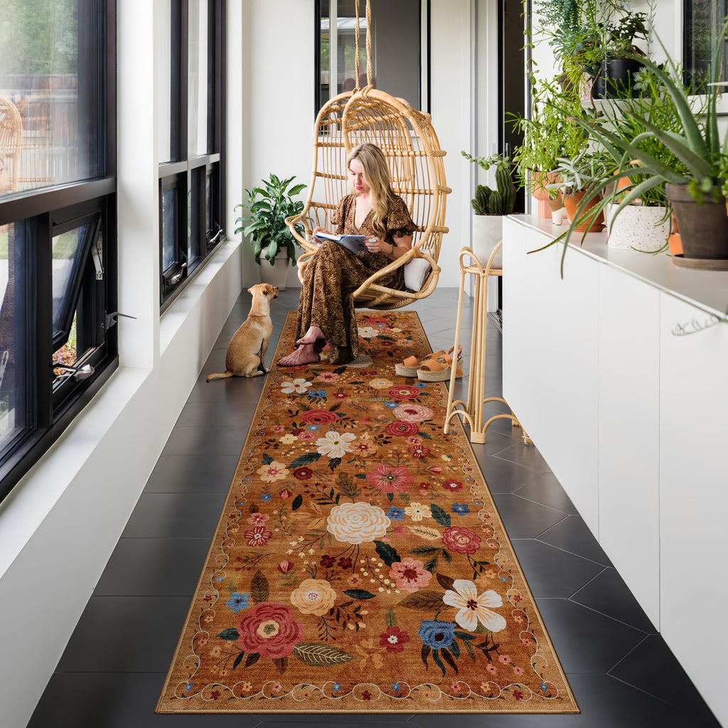 Washable Runner Rug Orange Boho Floral Kitchen Bedroom
