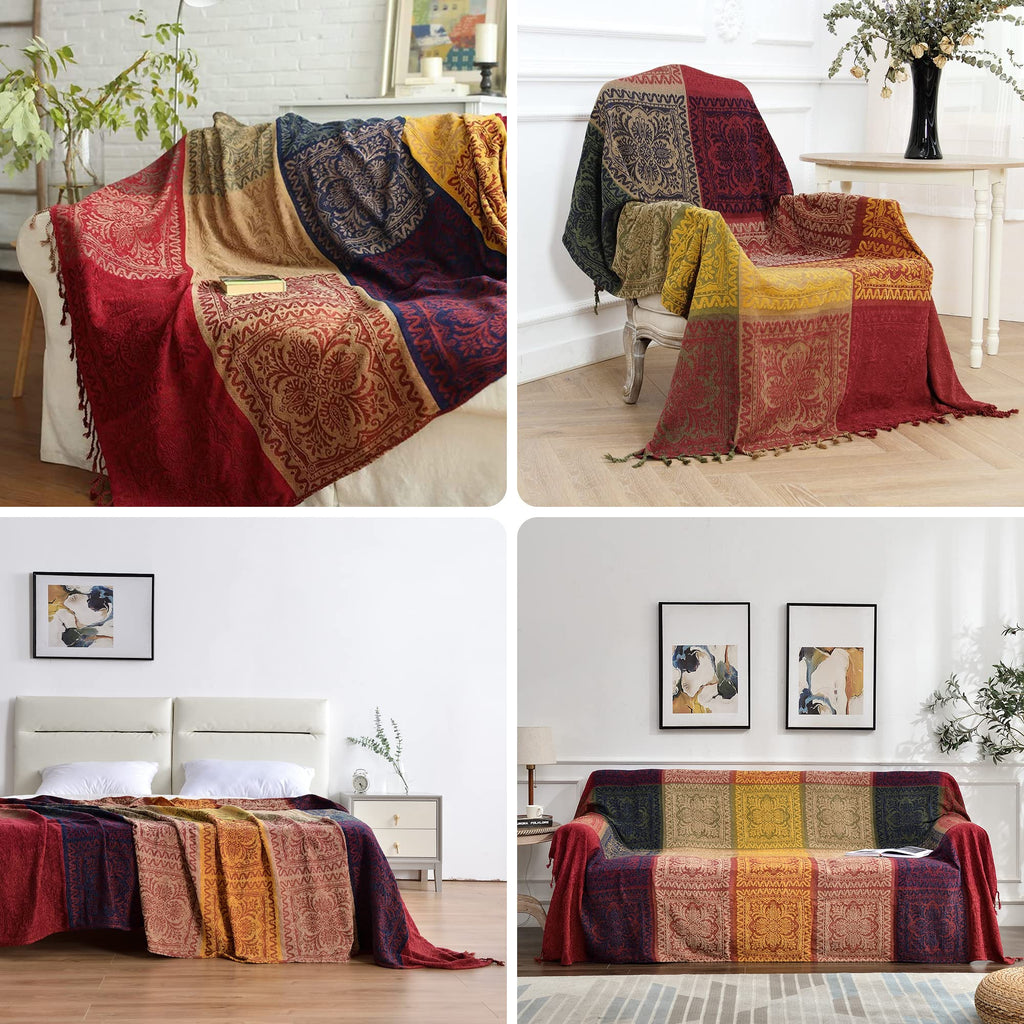 Boho Throw Blanket, Chenille Jacquard Tassels Throw Blankets for Bed Couch Soft Chair, Bohemian Fringe Tassels (Red