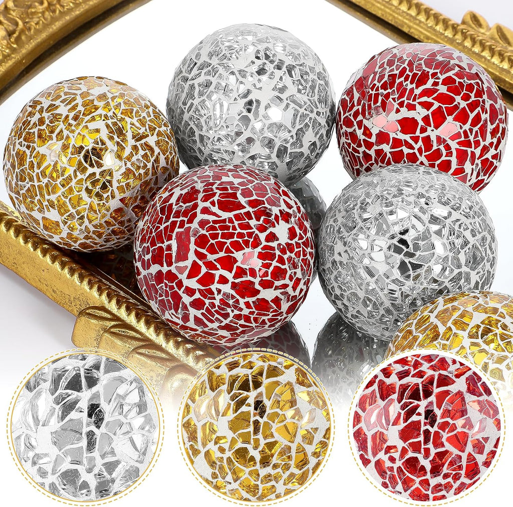 Decorative Balls for Bowls, 2.4 Inch Mosaic Sphere Balls Decorative, Mosaic Glass Orbs Centerpiece Balls - Set of 6