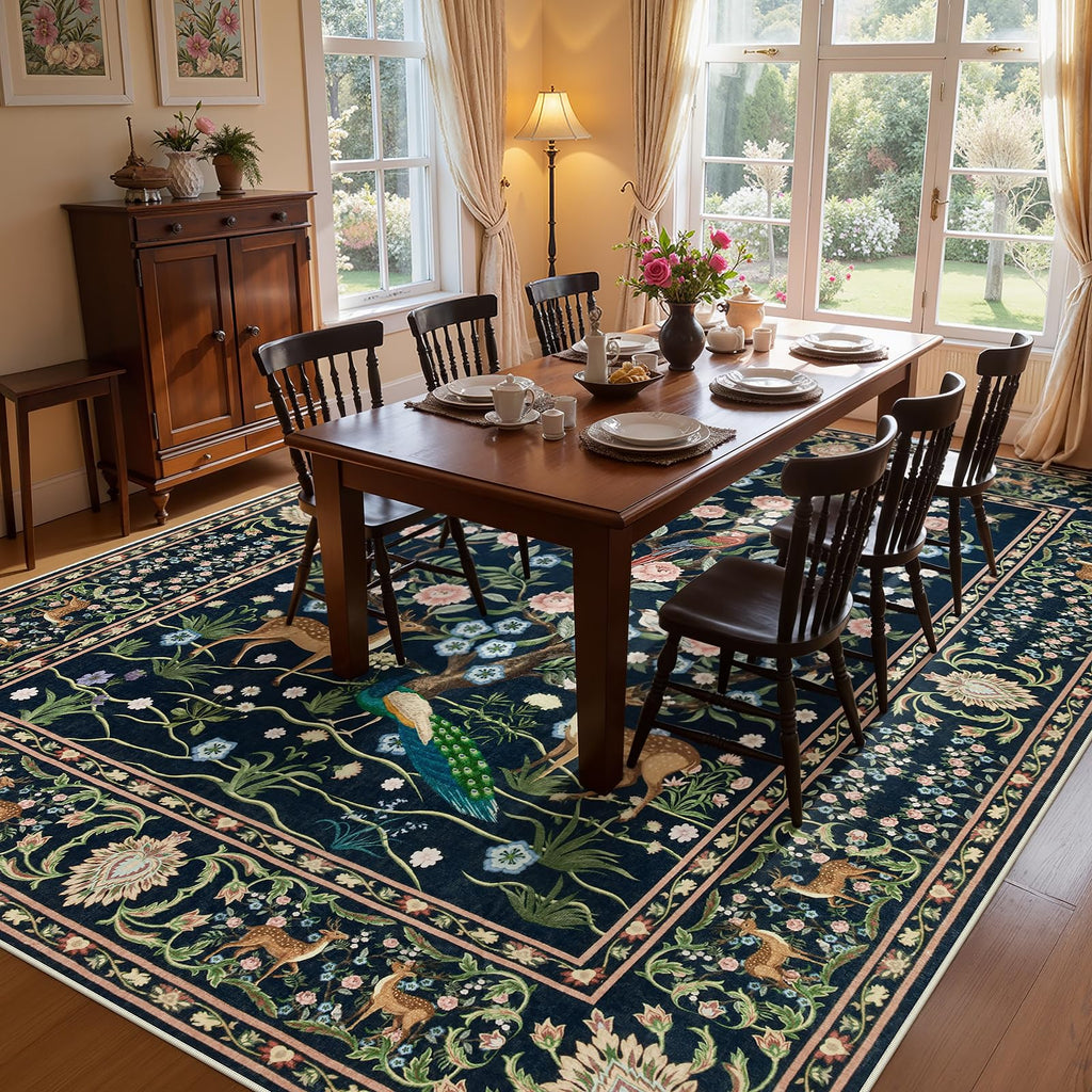 Area Rugs, Washable Boho Floral Large Carpet Black