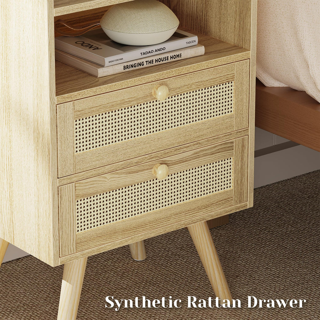 Night Stand with Charger Station, Boho Rattan Nightstand Set of 2