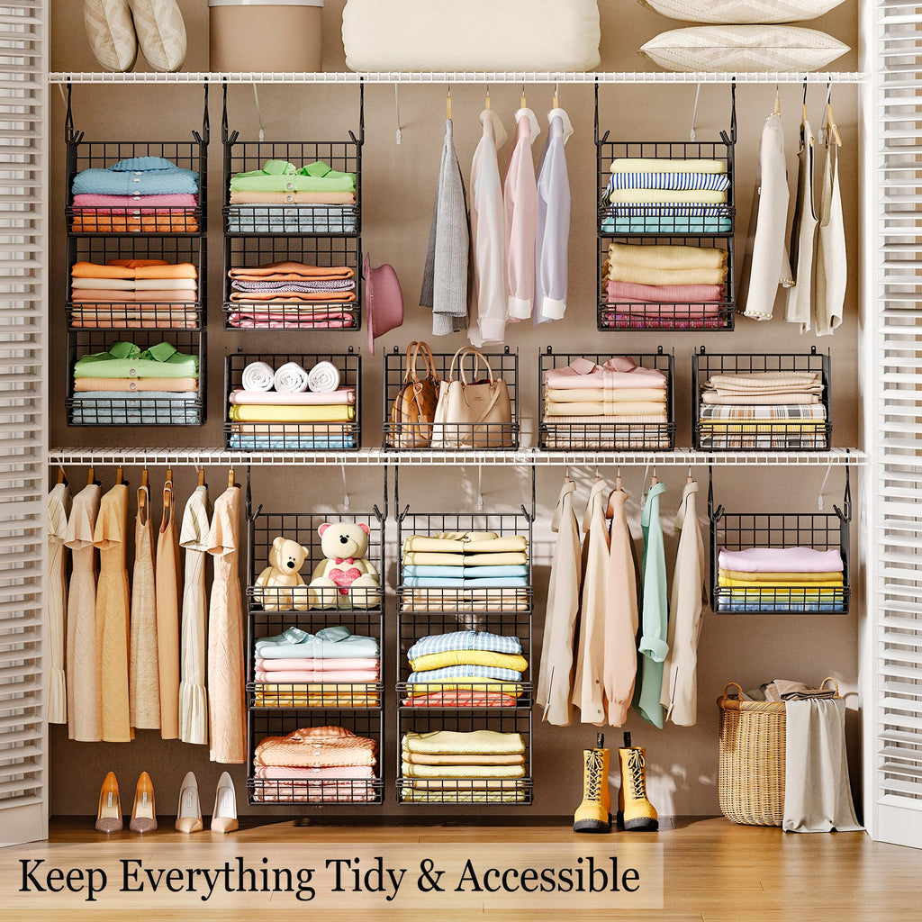 3-Tier Hanging Closet Organizer, Laundry Room Organization | Space Saving Shelves with 1.65" Hook & 5 S-Hooks |